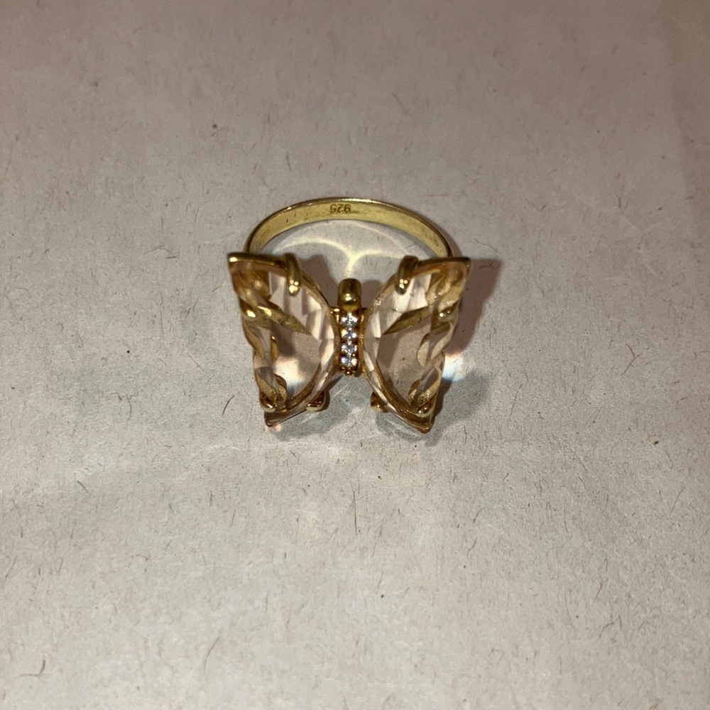 Gold plated sterling silver‎ butterfly cocktail ring with rhinestone body
